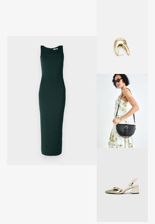 Testre simító, ujjatlan ruha mélyzöld színben. Négyzet alakú dekoltázs, sima textúra és bokáig érő hossz.; Arany, fémből készült slingback sarkú cipők hegyes orral és vastag sarokkal. Simaság, minimalista design és keskeny pánt jellemzi.; Fekete bőrtáska ívelt formával, levehető pánttal és arany színű fémrészekkel. A táskán egy csattal díszített fedél található.; Aranyszínű fém fülbevaló, elegáns, ívelt formával. Különleges hegyes alak, fényes felszín és zsanéros záródás jellemzi.