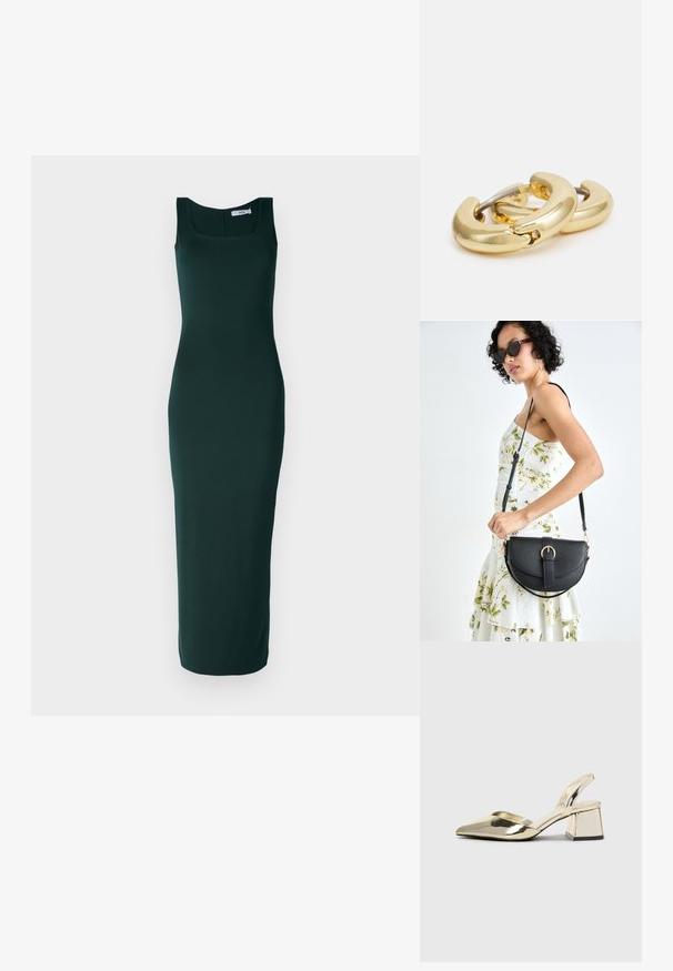Prilegajoča, brezrokavna obleka v globoko zeleni tkanini. Kvadratni izrez, gladka tekstura in dolžina do gležnjev.; Zlati, kovinski slingback čeveljci z ostrim nosom in masivnim peto. Gladka tekstura, minimalistična zasnova in ozka zanka.; Črna usnjena torbica s ukrivljeno obliko, z odstranljivo naramnico in zlatimi dodatki. Torbica ima pokrov s podrobnostmi v obliki zaponke.; Zlati obročasti uhani z gladkim, zaobljenim dizajnom. Imajo povezovalni srebrni del za enostavno nošenje, ki prikazuje sijoč zaključek.