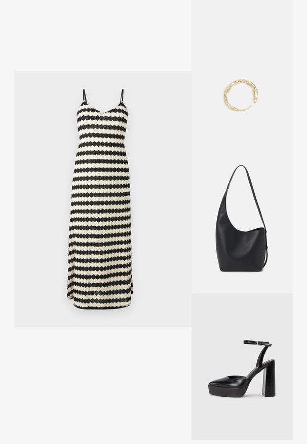 Czarna i kremowa, paskowana sukienka maxi z cienkimi ramiączkami, dekoltem w kształcie V i bocznym rozcięciem. Wykonana z teksturowanej tkaniny, o dopasowanej sylwetce.; Czarne platformy na wysokim obcasie z szpiczastym noskiem i regulowanym paskiem na kostkę. Wykonane z gładkiej skóry, z grubym słupkowym obcasem.; Czarna skórzana torba hobo o gładkiej fakturze, zaokrąglonym kształcie i pojedynczym, regulowanym pasku; posiada szerokie otwarcie na górze.; Pierścionek w odcieniu złota z organicznym, skręconym wzorem, o gładkiej fakturze i zwężających się końcach, tworzący nowoczesny, rzeźbiarski wygląd.