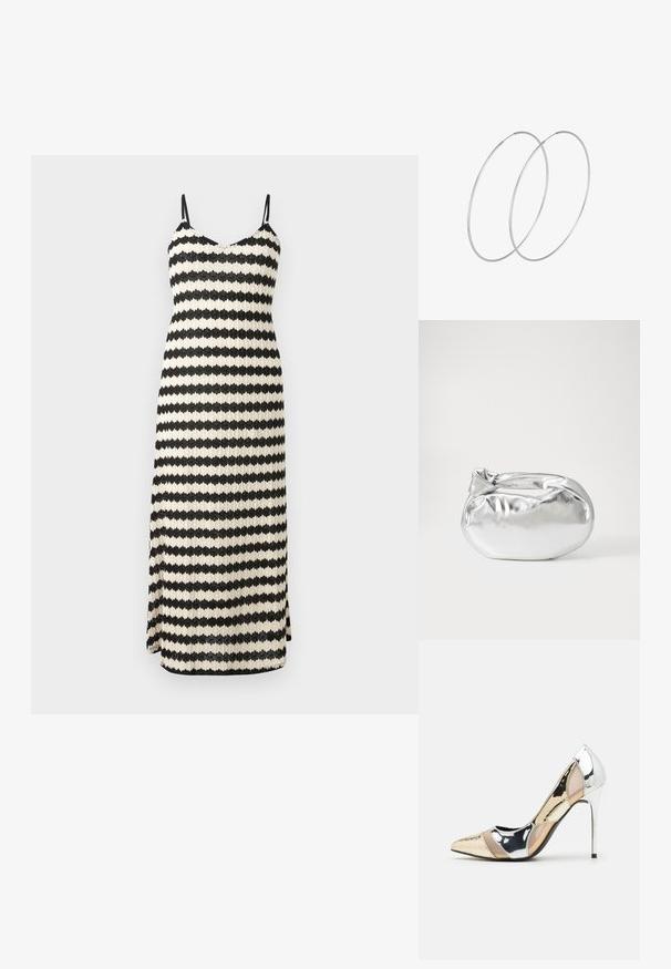 Maxi šaty s černými a krémovými pruhy, tenkými ramínky, výstřihem ve tvaru V a postranním rozparkem. Vyrobené z texturované látky s úzkým střihem.; Lodička s špičatou špičkou a kombinací stříbrné, zlaté a tělové barvy. Lesklý povrch s vykrojeným designem, s jehlovým podpatkem.; Stříbrná kovová taška s měkkým, zaobleným tvarem a uzávěrem s uzlem. Vyrobena z hladké umělé kůže.; Stříbrné kruhové náušnice s minimalistickým designem. Kruh, hladký povrch a tenký profil. Lehká konstrukce s lesklým povrchem.