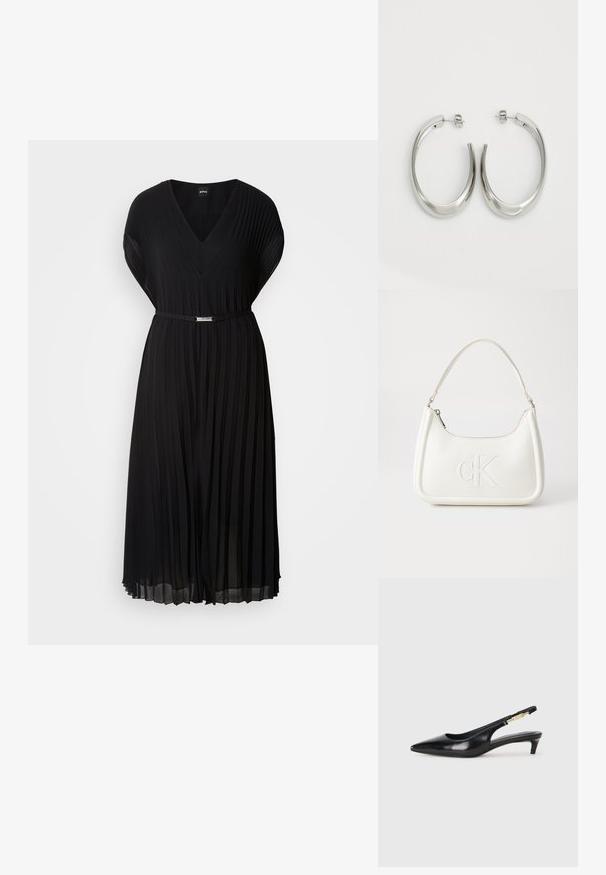 Fekete, rakott ruha V nyakkivágással és rövid ujjakkal, vékony övvel, fémcsattal a deréknál. Puha szövet struktúrával.; Fekete bőr slingback magassarkúk, hegyes orral, vékony sarkakkal és arany színű részlettel a állítható pánton. Simа felület.; Fehér bőrtáska ívelt formájú, elöl feltűnő "CK" logóval, egyetlen vállpánttal. Cipzáras zárás a tetején.; Ezüst karika fülbevalók sima, ívelt formával. Fényes fémes felülettel és tűs zárral rendelkeznek. Nincsenek látható minták vagy kiegészítők.