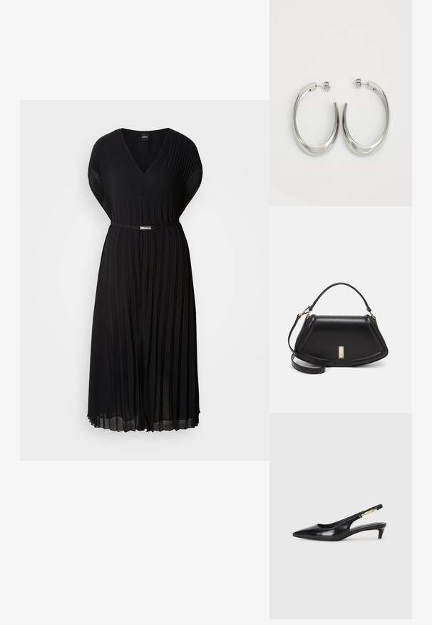 Czarna plisowana sukienka z dekoltem w serek i krótkimi rękawami, z cienkim paskiem z metalową klamrą w talii. Miękka tekstura materiału.; Czarne skórzane szpilki typu slingback z ostrym noskiem, posiadające smukły obcas i złoty akcent na regulowanym pasku. Gładka tekstura.; Czarna skórzana torebka o strukturalnym designie, z przyciętą formą, górnym uchwytem i złotymi akcentami. W zestawie regulowany pasek na ramię.; Srebrne kolczyki-hoop o gładkim, zakrzywionym designie. Posiadają błyszczące metaliczne wykończenie i zapięcie na sztyft. Brak widocznych wzorów lub akcentów.