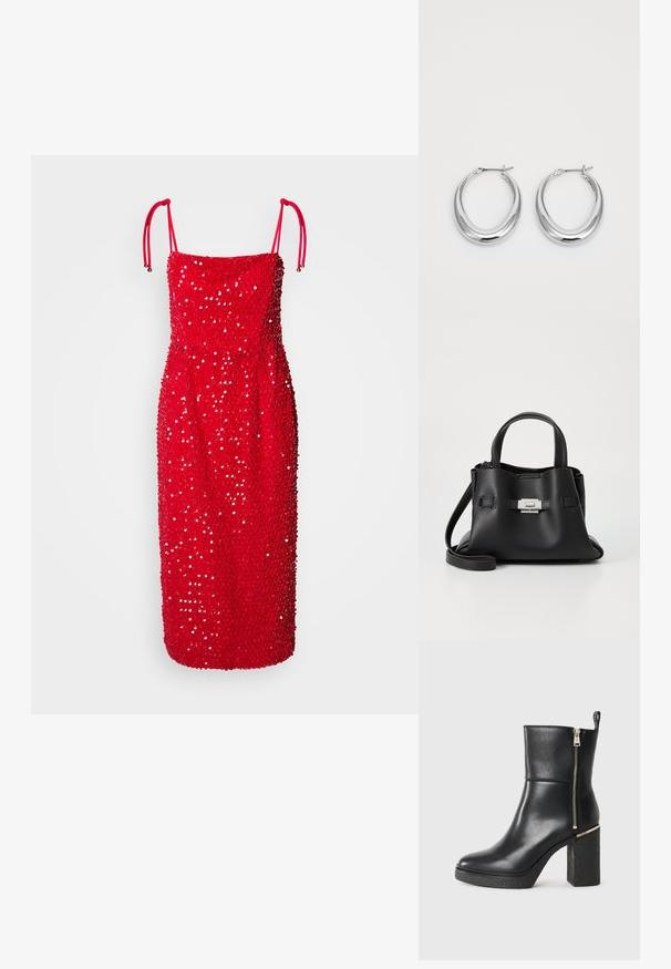 Robe sans manches rouge avec une silhouette ajustée, couverte de sequins, dotée de bretelles réglables et d'un ourlet droit.; Bottine noire en cuir lisse, avec une fermeture éclair sur le côté et un talon bloc texturé. Conception facile à enfiler avec un bout arrondi.; Sac à main en cuir noir avec une finition texturée, doté de deux poignées supérieures, d'une bandoulière amovible et d'un détail de fermoir en argent.; Une paire de boucles d'oreilles en croissant en argent poli avec des fermoirs à charnière sur un fond blanc.