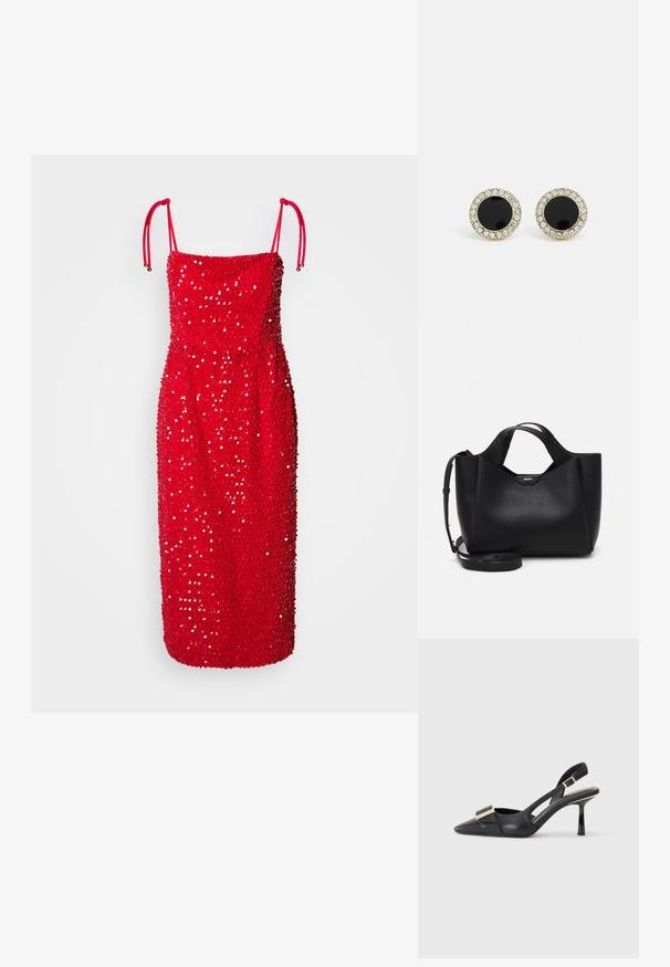 Punane ilma varrukateta kleit, millel on sobiv siluett, kaetud sädelustega, reguleeritavad rihmad ja sirge äär.; Must musta slinga-seljak, terav varvas, peen kont ja kuldse tooni aksessuaar vampiiril. Sile tekstuur ja struktureeritud disain.; Must musta kott mustadest nahast tekstureeritud pinnaga, nurgeline kuju, kahe käepidemega ja reguleeritava õlašliipiga. Sisaldab DKNY logo aktsenti.; DKNY INLAY STUD - Kõrvarõngad - black/gold-coloured