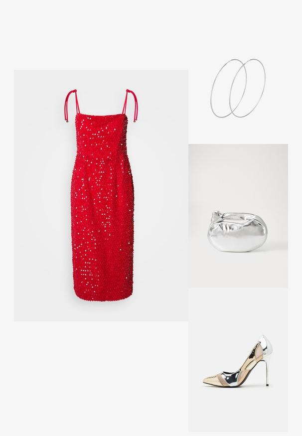Vestito senza maniche rosso con silhouette aderente, ricoperto di paillettes, con spalline regolabili e orlo dritto.; Scarpa con tacco alto a punta, con una combinazione di colori argento, oro e nudo. Finitura lucida con design a ritaglio, con tacco a stiletto.; Borsa a pochette metallica argentea con una forma morbida e arrotondata e chiusura superiore annodata. Realizzata in materiale sintetico morbido.; Orecchini a cerchio in argento con un design minimalista. Forma circolare, superficie liscia e profilo sottile. Leggeri con una finitura lucida.