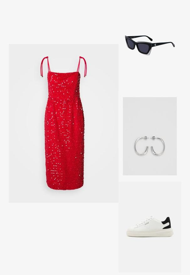 Sarkans bez piedurknēm kleita ar pieguļošu siluetu, apstrādāta ar sekvīnēm, ar regulējamiem plecu siksnudajiem un taisnu apakšmalu.; Baltas ādas sporta apavi ar biezu balto zoli, melna zamša uzpura un izspiestais logotips sānos. Šņorējuma dizains ar sešiem acu caurumiem.; Melni pārmēru saulesbrilles ar ģeometrisku formu, kas aprīkotas ar tumšiem stikliem un kontrastējošu pelēku akcentu uz rāmja. Logo uz kājas.; Sudraba riņķveida auskari ar gludu, spīdīgu apdari. Apaļas formas, viegla dizaina, ar aizdari uz stieples.