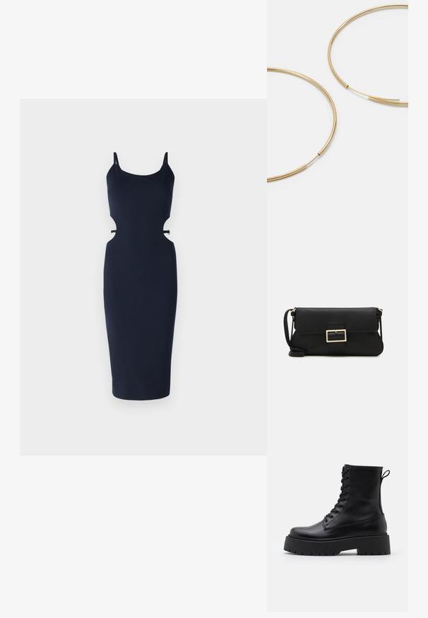 Tumes keha, spaghetti rihmadega kleit, millel on lõhikute külgedel, sobiv siluett ja põlvekohale ulatuv äär. Valmistatud siledast materjalist.; Mustad mustad nahast pahkluu saapad ümarate varvastega, nööridega esiosas ja paksu kummist talla ning tekstuuritud mustriga. Tagumine tõmbeaas.; Must haben musta nahkklahviga kott, millel on klapp ja kuldne metallist pandla detail. Kaasas must rihm ja stiilne, minimalistlik disain.; Kulla värvi nõelad, õhukesed ja ümmargused, millel on sile metallist pind ja ilma kaunistuste või mustriteta.