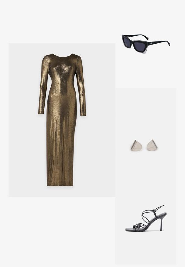 Dlouhá metalická bronzová večerní toaleta s dlouhými rukávy, přiléhavým siluetou a kulatým výstřihem na jednotném pozadí.; Černé high-heeled sandály mají tenké pásky s uzlovým designem, hladký čtvercový špičku a elegantní jehlový podpatek.; Černé oversized sluneční brýle geometrického tvaru, s tmavými skly a kontrastním šedým detailem na rámu. Logo na rameni.; Stříbrné kovové náušnice s hladkým tvarem slzy a lesklým povrchem. Jemné rytiny přidávají detail. Minimalistický design.