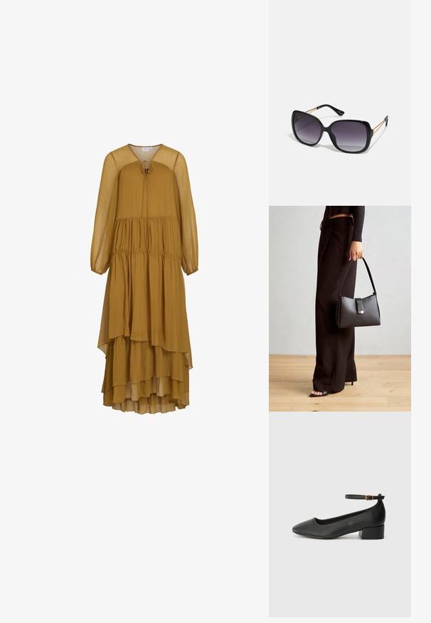 Długa, musztardowa sukienka z lekkiego materiału. Posiada dekolt w serek, długie rękawy oraz warstwowy, falbaniasty design z troczkiem.; Czarne skórzane szpilki z ostrym noskiem i niskim słupkowym obcasem. Wyposażone w pasek na kostkę z złotym zapięciem. Gładka tekstura.; Czarne oversize okulary przeciwsłoneczne z gradientowymi soczewkami, grubymi oprawkami i złotym łańcuszkiem na ramionach.; Czarna torebka o usztywnionym kształcie, gładkiej fakturze i metalowym zapięciem. Połączona z szerokimi czarnymi spodniami i sandałami na otwartym palcu na drewnianej podłodze.