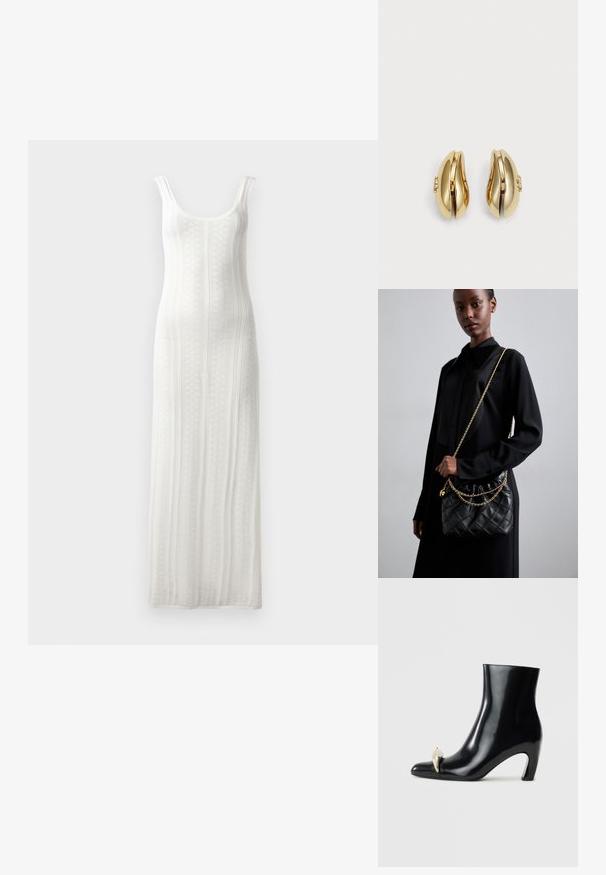 Horgolt fehér maxi ruha lekerekített nyakkivágással, bordázott textúrával és széles pántokkal. Függőleges csíkos mintával és egyenes sziluettel rendelkezik.; Fekete bokacsizma fényes bőrből, hegyes orral és díszes arany- és ezüstszínű részlettel az elején. Tömör sarok kialakítás.; Fekete steppelt bőr kézitáska gyűrt toppal, arany lánc vállpánttal és téglalap alakú formával, egyszerű háttér előtt tartva.; Aranyszínű fülbevalók, amelyek áramló, ívelt formájúak. Minden fülbevaló sima felülettel és egy kis kapoccsal rendelkezik, amely dekoratív részletet tartalmaz.