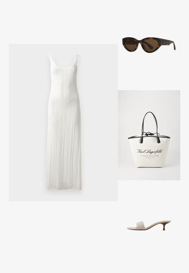 Strickmaxikleid in Weiß mit herzförmigem Ausschnitt, gerippter Textur und breiten Trägern. Verfügt über ein vertikales Streifenmuster und eine gerade Silhouette.; Fersenlose Sandale mit einem Obermaterial aus beigem gewebtem Stoff, offener Zehenpartie und geschwungenem Holzmittelsohle. Das Design zeichnet sich durch eine glatte Textur und eine minimalistische Form aus.; Schildpatt-farbene Cat-Eye-Sonnenbrille mit braunen Gläsern, ausgestattet mit glatten, glänzenden Kunststoffrahmen und einem eleganten Design. Keine sichtbaren Logos oder Akzente.; Canvas-Shopper-Tasche in Creme mit schwarzen Lederelementen, ausgestattet mit einem Kordelzugverschluss und bedrucktem Logotext. Glatte Textur und strukturierte Form.
