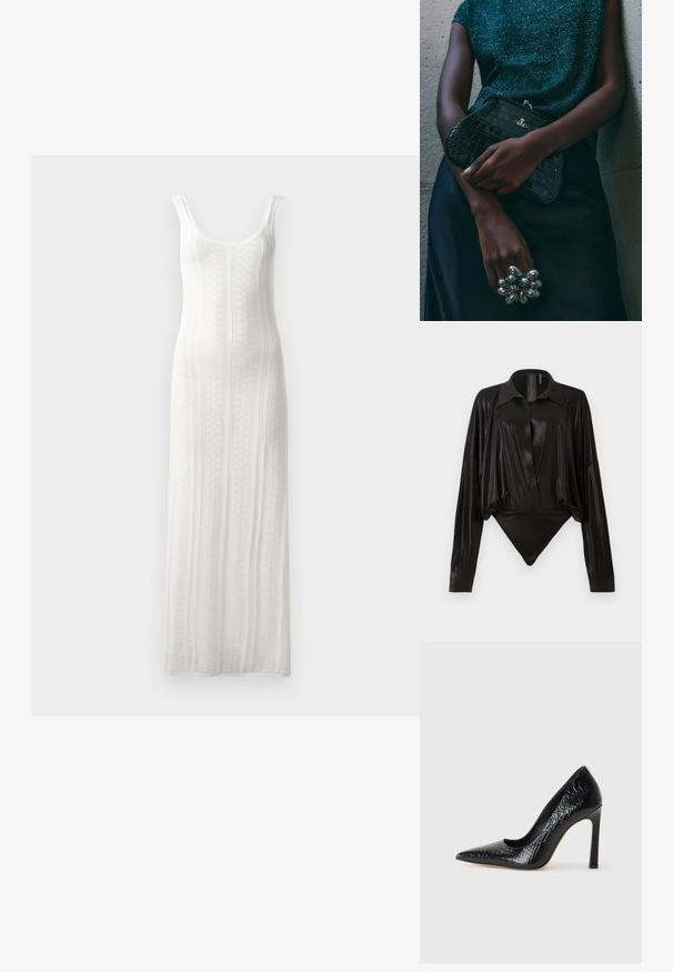 Pletené bílé maxi šaty s kulatým výstřihem, žebrovanou texturou a širokými ramínky. Obsahují vertikální pruhovaný vzor a rovný siluetu.; Černý body s dlouhými rukávy, výstřihem do V a přiléhavým střihem. Vyrobeno z lesklého, hladkého materiálu se strukturovaným límcem a manžetami.; Černý lodičkový bot s špičatou špičkou, pokrytý texturou krokodýlí kůže, s elegantním designem, vysokým stiletto podpatkem a hladkým černým interiérem.; Černá kabelka ve tvaru psaníčka s krokodýlím vzorem a stříbrným kováním, držena proti texturovanému šedému pozadí. Vyznačuje se lesklým povrchem.
