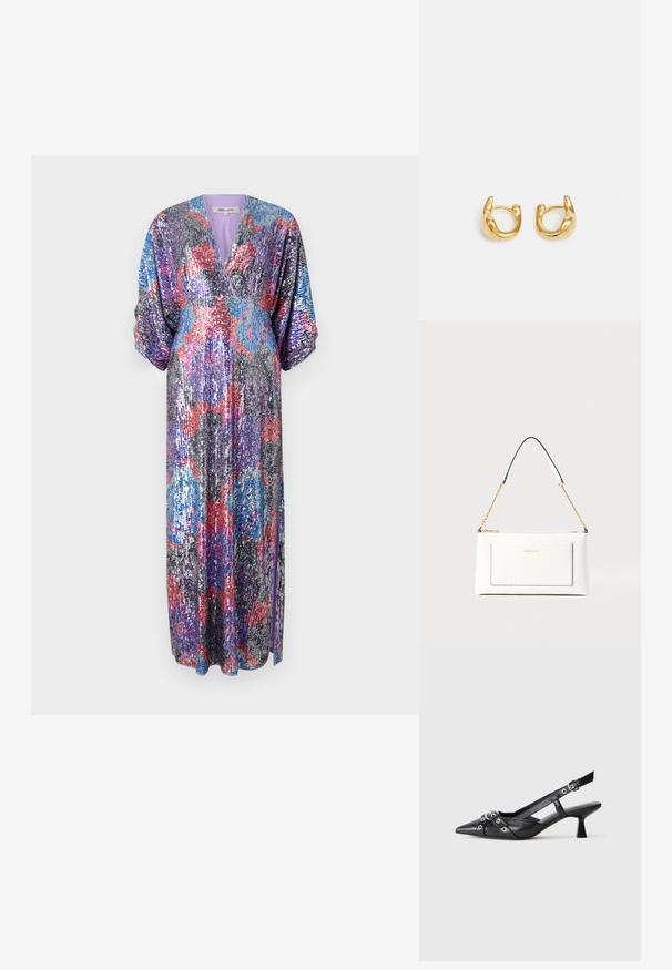 Diane von Furstenberg JESSEL fioletowy; Czarne skórzane buty typu slingback z ostrym noskiem, ozdobnymi paskami z metalowymi oczkami oraz niskim klinowym obcasem. Teksturowana powierzchnia.; Biała skórzana torebka o teksturowanym wykończeniu, z złotą łańcuszkową rączką i czarnymi akcentami. Zawiera przednią kieszeń oraz zamek błyskawiczny.; Złote kolczyki w kształcie hoop charakteryzujące się gładkim, zaokrąglonym wzornictwem z połyskliwym wykończeniem. Kolczyki mają kompaktowy, masywny kształt oraz bezszwowy zamek.