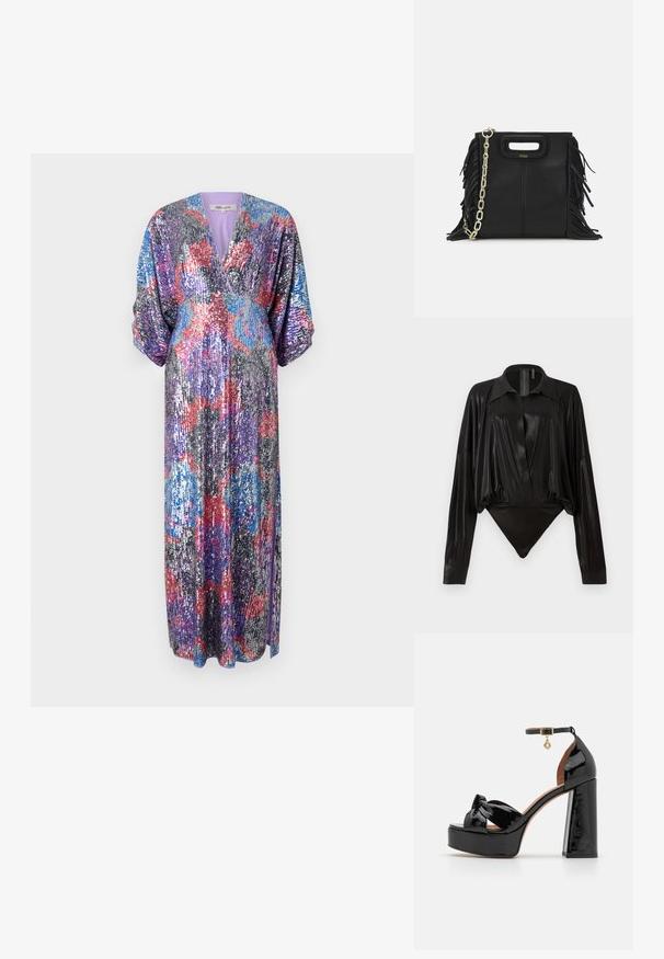 Diane von Furstenberg JESSEL DRESS - Iltapuku - redemption rose/blue/red; Musta catsuit pitkillä hihoilla, V-pääntiellä ja tiukalla siluetilla. Valmistettu kiiltävästä, sileästä kankaasta, jossa on jämäkkä kaulus ja hihansuut.; Maje Korolliset sandaalit - noir; Musta nahkakäekott, millel on frantsiisidetailid, kuldne õlgade rihm ja lõikega käepide. Ees on logo paigutus.