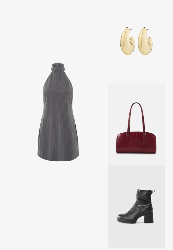 Pilkas dryžuotas be rankovių viršus su aukštu apykakle ir mygtuku prie kaklo. Audinys turi glotnų tekstūrą su vertikaliomis smulkiais dryželiais.; Juodos kulkšninių botai, pagaminti iš lygaus odos, su šoniniu užtrauktuku, masyviu tekstūruotu kulnu ir apvaliu pirštu.; Zign LEATHER - Rankinė - dark red; Auksinės spalvos auskarai, turintys lygią, apvalią formą su poliruotu paviršiumi ir fiksuotu užsegimu patogiam nešiojimui.