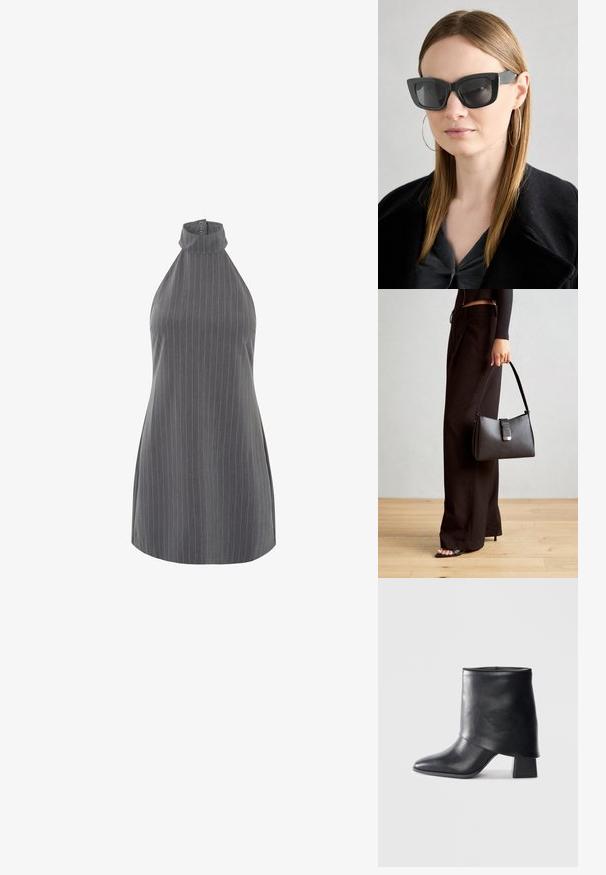 Siva prugasta bezrukavna majica s visokim ovratnikom i detaljima od dugmadi na vratu. Tkanina ima glatku teksturu s vertikalnim prugama.; Crna kožna čizme do gležnja sa šiljastim prstom, glatke teksture i strukturiranim blok petom. Ima visoki, preklopljeni dizajn manžetne.; Crne mačje naočale s tamnim staklima, debelim okvirima i suptilnim detaljima. Nosit će se s crnim kaputom i sivoj majici, s dugom ravnom kosom.; Crna torba s oblikom koji sadrži strukturu, glađu teksturu i metalnu kopču. Uparena s širokim crnim hlačama i sandalama na otvorenom s drvenog poda.