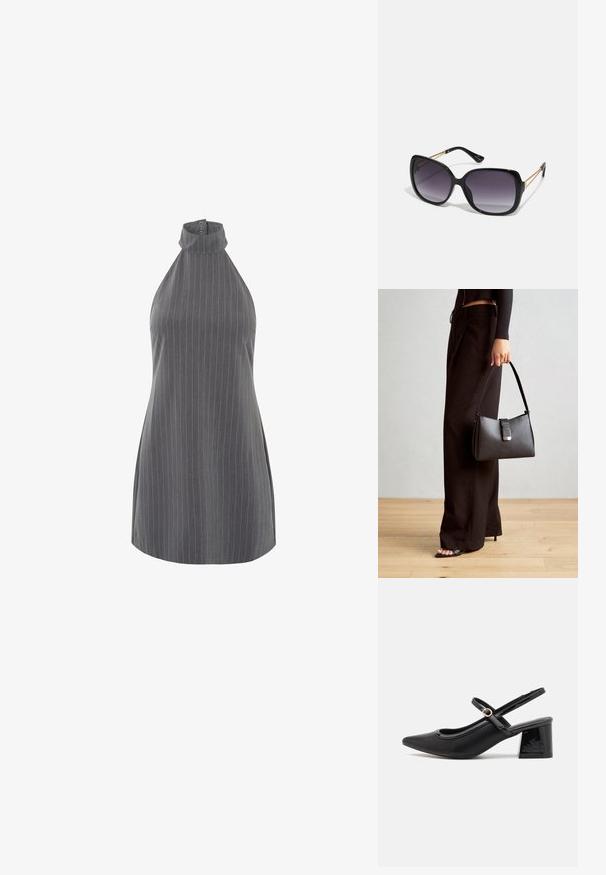 Pilkas dryžuotas be rankovių viršus su aukštu apykakle ir mygtuku prie kaklo. Audinys turi glotnų tekstūrą su vertikaliomis smulkiais dryželiais.; Juodi patentinio odos slingback aukštakulniai su smailiu pirštu, apvaliu išpjovimu ir blokiniu kulnu. Papuošti auksiniu juostos akcentu.; Juodos didelės saulės akinių su pereinamais objektyvais, storomis rėmeliais ir auksinės spalvos grandinėmis ant šventyklų.; Juodas rankinė struktūrizuota forma, lygi tekstūra ir metalinis užsegimas. Suporuota su plačiomis juodomis kelnėmis ir atvirais bateliais ant medinių grindų.