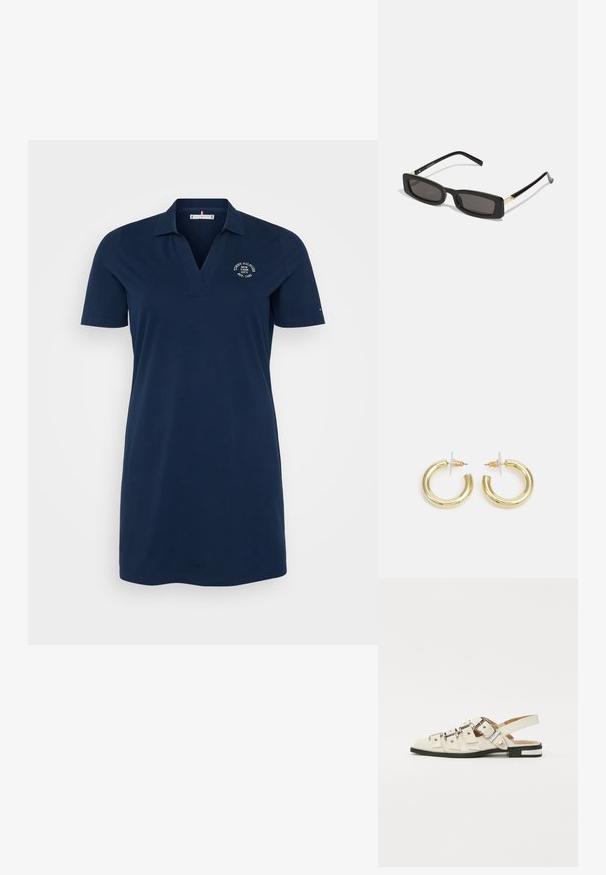 Jūras spēku zila polo kleita ar īsām piedurknēm, V veida izgriezumu un izšūtu logo. Gluda auduma, virs ceļgaliem garuma, klasiskā dizaina.; Baleta sandalītes baltā ādā ar vairākiem platām siksnām un sudraba sprādzēm; plakana zole ar mazu melnu papēdi un metalizētām akcentiem.; Melnas taisnstūra saulesbrilles ar tumšiem objektīviem, spīdīgām plastikāta rāmēm un zelta akcentiem tempļos. Minimalistisks dizains un eleganta forma.; Zelta auskari ar gludu, spīdīgu apdari. Apaļš dizains, kas ietver mazu tapu un caurspīdīgu pamatni drošai valkāšanai.