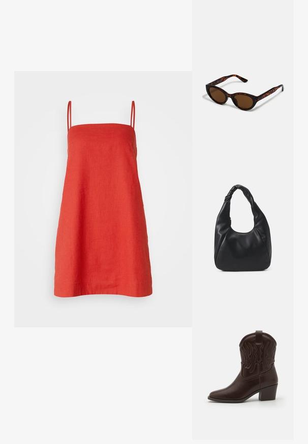 Abercrombie & Fitch TRAPEZE SKORT - Robe de jour - rococco red; Bottes de cowboy en cuir marron avec des bouts pointus, des motifs d'ailes gaufrés, un talon bloc de hauteur intermédiaire et une languette à l'arrière.; Lunettes de soleil en écaille de tortue marron avec une forme vintage de lunettes cat-eye et des verres marron. Présente des branches courbées avec des accents rouges.; Sac hobo noir en matériau semblable à du cuir, avec une anse torsadée, arborant une forme douce et arrondie, et une fermeture zippée sur le dessus.; Boucles d'oreilles en or avec une finition lisse et brillante. Design circulaire présentant un petit clou et une attache transparente pour un port sécurisé.