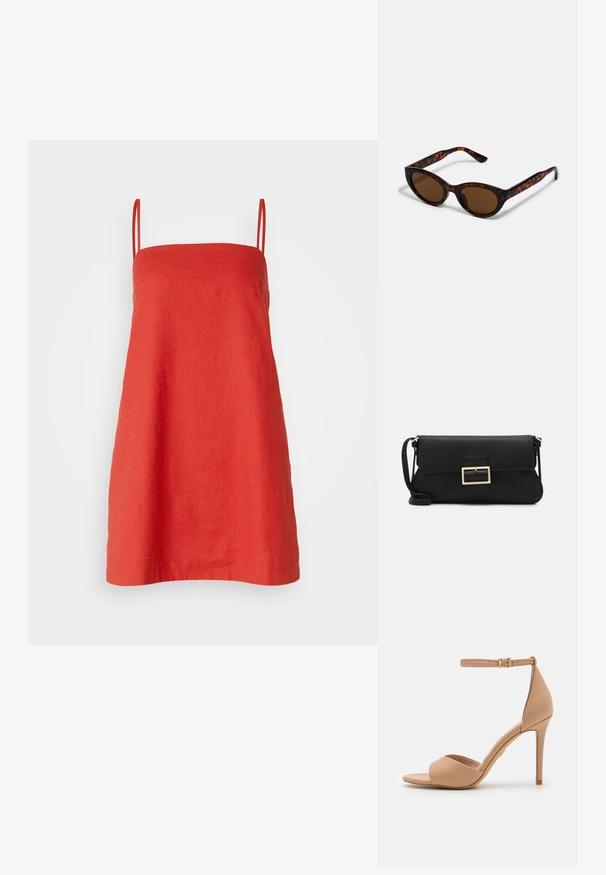 Abercrombie & Fitch TRAPEZE SKORT - Freizeitkleid - rococco red; ALDO CRERIDE PILLOW WALK - Riemensandalette - beige; Braune Schildpatt-Sonnenbrille mit einer Vintage-Cat-Eye-Form und braunen Gläsern. Verfügt über gebogene Bügel mit roten Akzenten.; Schwarze Leder-Clutch mit Klappe und goldfarbenem Metallschnallen-Detail. Enthält einen schwarzen Riemen und ein schlankes, minimalistisches Design.; Goldene Creolen mit einer glatten, glänzenden Oberfläche. Zirkuläres Design mit einem kleinen Stecker und einer klaren Rückseite für einen sicheren Sitz.
