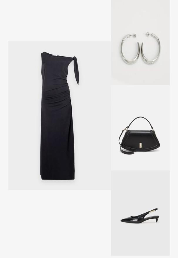 Black, one-shoulder dress made from soft fabric, featuring side ruching and a tie detail at the shoulder. Long and fitted silhouette.; Black leather slingback heels with a pointed toe, featuring a slim heel and a gold-tone accent on the adjustable strap. Smooth texture.; Black leather handbag with a structured design, featuring a cropped shape, top handle, and gold hardware accent. Adjustable shoulder strap included.; Silver hoop earrings with a smooth, curved design. Features a shiny metallic finish and stud closure. No visible patterns or accents.