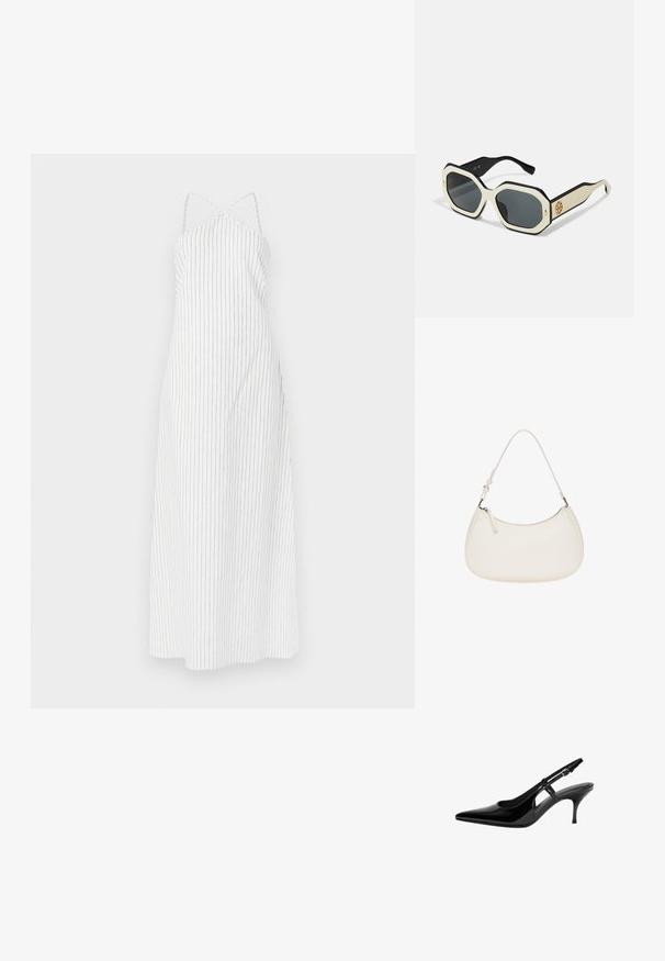 Biała sukienka w paski z krzyżowym tyłem, wykonana z lekkiego materiału. Posiada cienkie pionowe czarne paski i zwiewny krój.; Czarne lakierowane pantofle typu slingback z wydłużonym noskiem, otwartymi bocznymi wycięciami, smukłym obcasem i regulowanym zapięciem na kostkę.; Okulary przeciwsłoneczne z ośmiokątną białą ramką, czarnymi krawędziami i szarymi szkłami. Złoty detal logo po bokach dodaje wyrazistego akcentu.; Biała skórzana torebka o zaokrąglonym kształcie, z regulowanym paskiem oraz zamknięciu na górze na zamek błyskawiczny. Gładka faktura z minimalną ilością detali hardware.