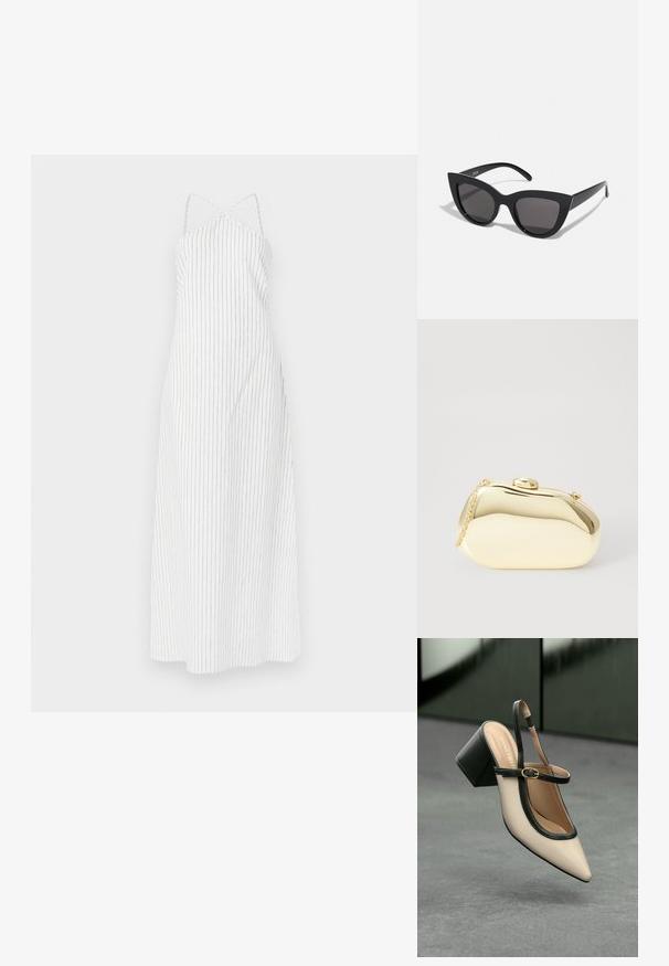 Rochie albă cu dungi, design cu spatele încrucișat, realizată dintr-un material ușor. Are dungi verticale subțiri negre și o siluetă vaporoasă.; Pantof divers în nuanță bej, cu vârf ascuțit, curea de susținere în spate, cu margine neagră, cataramă aurie și toc gros pe un podea gri, cu un fundal verde închis.; Ochelari de soare negri, forma cat-eye, cu un finisaj mat, având lentile gri și unghiuri ascuțite, precum și brațe laterale elegante. Numele brandului este vizibil pe brațul interior.; Clutch metalizat de culoare aurie, cu o formă netedă și rotundă, având un închizător tip buton în partea de sus și o curea mică pentru purtare.