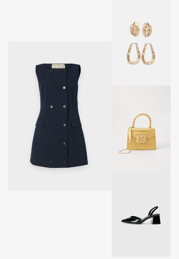 Vestido sem mangas azul-marinho com formato justo, fecho de botão duplo, dois bolsos frontais e colarinho plano para uma silhueta estruturada.; Sandy em verniz preto com salto slingback, ponta afilada e salto geométrico. Apresenta um design elegante e minimalista com textura suave.; Bolsa amarela em pele de crocodilo falsa, com um design estruturado, pega no topo, alça de corrente removível e decoração de cristal no fecho.; Brincos em tom de ouro com formas onduladas e texturizadas. Inclui studs escultóricos com presilha e um design de argola aberta com um acabamento martelado.