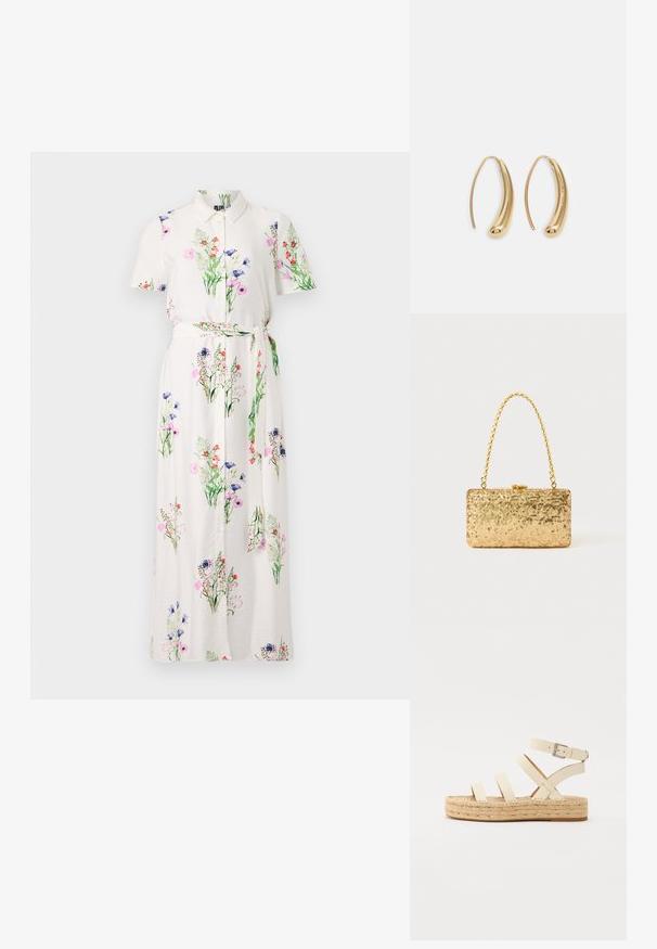 Λουλουδάτο μάξι φόρεμα με κοντά μανίκια, λευκή βάση, κουμπιά μπροστά και ζώνη από ύφασμα. Διαθέτει πολύχρωμο σχέδιο λουλουδιών και απαλή υφή.; Φωτεινό μπεζ δερμάτινη εσπαντρίγια με τέσσερις διασταυρούμενους ιμάντες και πόρπη στον αστράγαλο, με πλέγμα από υφαντό φυτικό τζούτ και επίπεδη καουτσούκ σόλα.; Χρυσή σακίδα από παγιέτες σε ορθογώνιο σχήμα, με χερούλι από στριμμένο αλυσίδα και μεταλλικό κλείσιμο, που αντανακλά το φως με υφή.; Χρυσές μεταλλικές σκουλαρίκια κρίκοι με καμπυλωτό, ελκυστικό σχήμα. Περιλαμβάνουν μια λεία, γυαλιστερή επιφάνεια και στρογγυλή άκρη για πρόσθετη λεπτομέρεια.