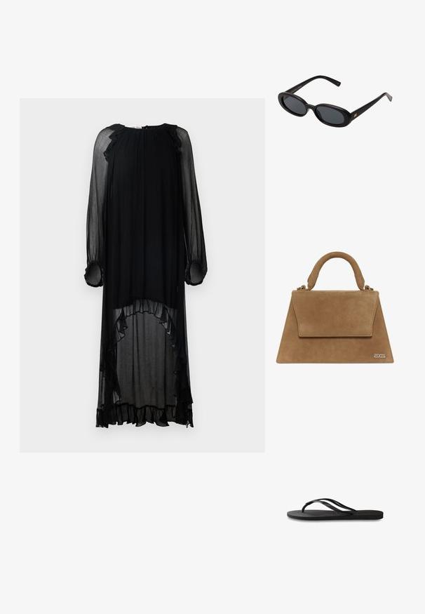 Črna, prosojna obleka z dolgimi rokavi in puhastimi detajli. Ima okrogel ovratnik in asimetrično dolžino, kar ustvarja lahkotno silhueto.; Črne natikače z teksturirano gumijasto podlogo, dvema ozkima trakoma in subtilnim, vtisnjenim logom na traku.; Črne oversize sončne očala z ovalnimi lečami, gladkim plastičnim okvirjem in zlatenimi detajli na templjih. Temne leče zagotavljajo zaščito pred soncem.; Rjava nubuk torbica s strukturirano trikotno obliko, zgornjim ročajem in pokrovom. Značilna podrobnost z logotipom na strani.