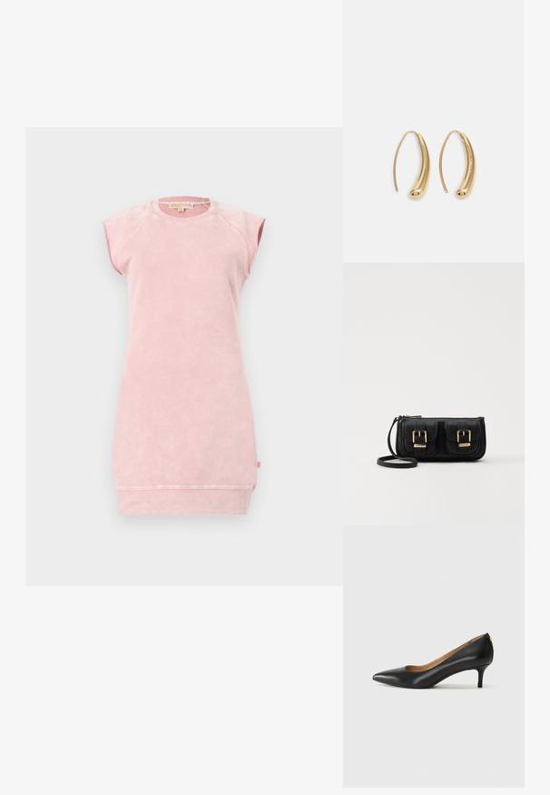 MICHAEL Michael Kors Φόρεμα ημέρας - rosewater; Μαύρο δερμάτινο τακούνι με μυτερή μύτη, χαμηλό τακούνι και λεία υφή. Διαθέτει ελαφρύ άνοιγμα στο μπροστινό μέρος και ελάχιστο υλικό στο πίσω μέρος.; Μαύρη δερμάτινη τσάντα ώμου με δύο μπροστινές τσέπες, χρυσά κούμπωματα, κλείσιμο με φερμουάρ και λεπτό λουρί. Υφή επιφάνειας και κομψό ορθογώνιο σχήμα.; Χρυσές μεταλλικές σκουλαρίκια κρίκοι με καμπυλωτό, ελκυστικό σχήμα. Περιλαμβάνουν μια λεία, γυαλιστερή επιφάνεια και στρογγυλή άκρη για πρόσθετη λεπτομέρεια.