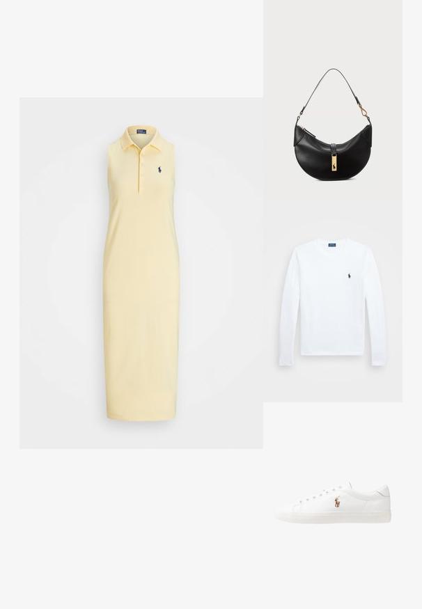 Polo Ralph Lauren Stretch Cotton Sleeveless Polo Dress - Vestido de dia - tbird yellow; Camisa de manga longa branca, em material de algodão, com decote redondo, apresentando um pequeno logótipo azul-marinho no lado esquerdo do peito. Design simples, ajuste regular.; Sapatilhas de couro brancas, design de cano baixo, com textura suave, biqueira redonda, atacadores à frente e um pequeno logótipo bordado na lateral.; Bolsa de couro preto em forma de meia-lua. Apresenta um detalhe em metais dourados e uma alça estreita. Textura suave, fechamento em zíper na parte superior.