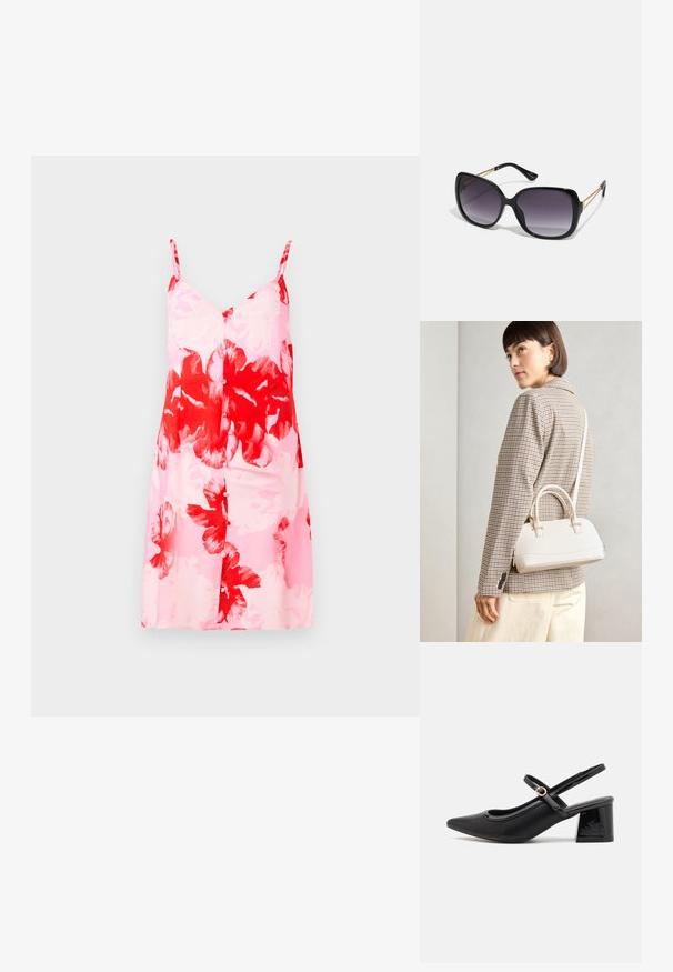 Rochie florală cu un fond roz, décorată cu modele mari de flori roșii și albe, bretele subțiri ajustabile și o siluetă dreaptă.; Cizme cu toc slingback din piele sintetică lacuită neagră, cu vârful ascuțit, un design cu decupaj rotunjit și toc bloc. Include un accent cu cataramă de culoare aurie.; Ochelari de soare negri, supradimensionați, cu lentile degradate, rame groase și detalii cu lanț de ton auriu pe brațele templului.; Geantă structurată albă, cu mânere scurte și curea de umăr, având accente din metal aurit și material texturat, expusă pe un fundal gri.