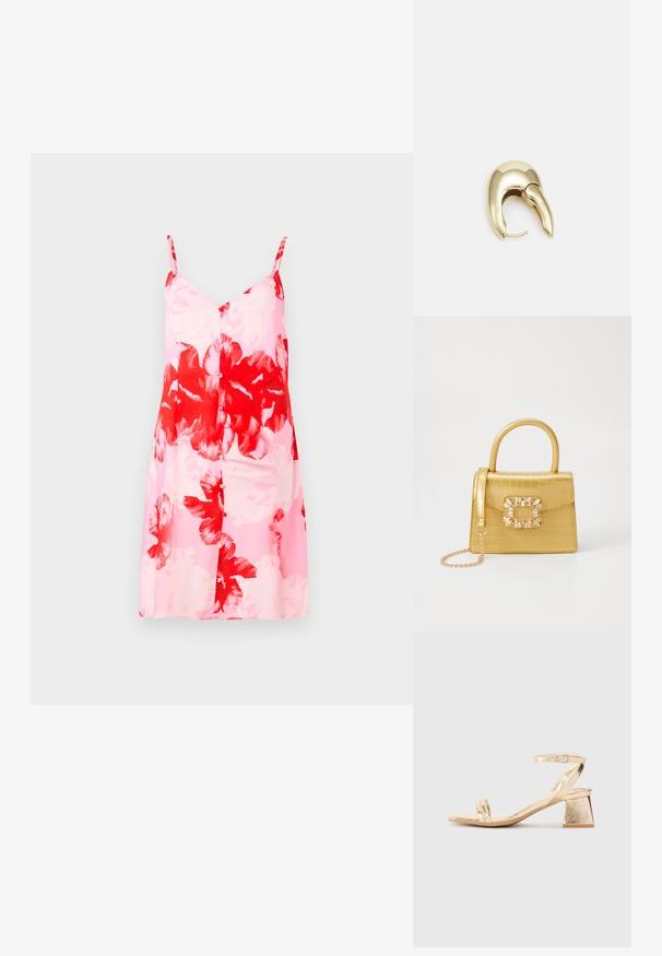 Blomstrete kjole med rosa base og store røde og hvite blomster mønstre, justerbare spaghettistropper og rett silhuett.; Gylne metalliske hælsandaler med en vinkelret blokhæl, to stropper over foten og en justerbar ankelstropp. Jevn tekstur.; Gul faux-krokodille veske med en strukturert design, toppen håndtak, avtagbar kjede stropp, og dekorativ krystallbortsettelse på låsen.; Gullfarget metalløredobber med et elegant, buet design. Har en karakteristisk spiss form, polert overflate og hengsel-lukking.