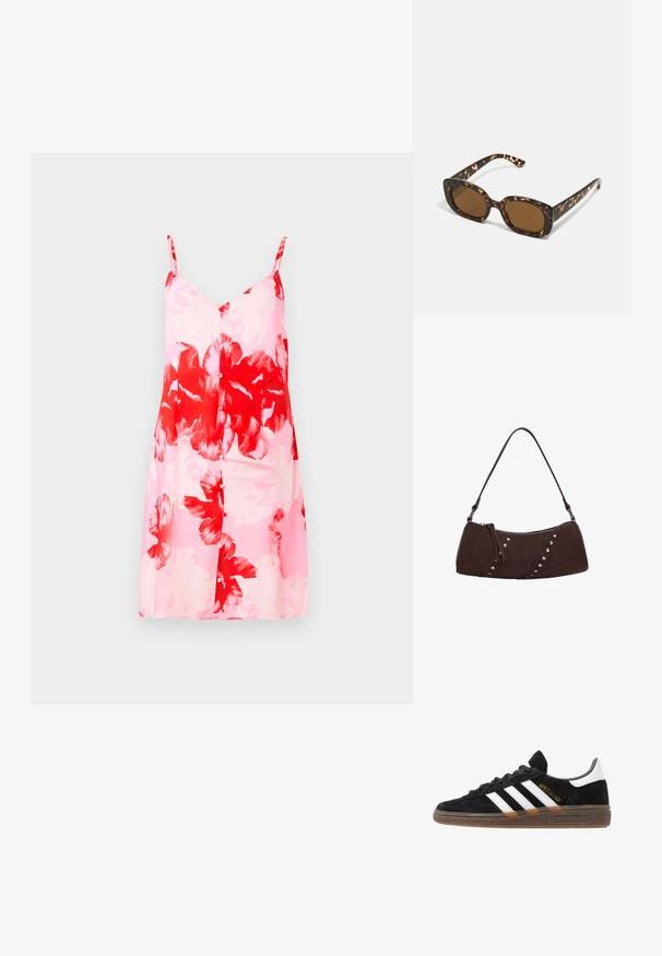 Rochie florală cu un fond roz, décorată cu modele mari de flori roșii și albe, bretele subțiri ajustabile și o siluetă dreaptă.; Sneaker Adidas negre cu dungi albe, text aurit "Spezial", talpă din cauciuc și tab de călcare alb, prezentat din vedere laterală.; Ochelari de soare cu chelă de broască țestoasă, având un cadru rotund și voluminos, cu lentile maro. Prezintă modele subtile și brațe drepte, conice.; Geantă din piele sintetică maro, cu o formă curbată, închidere cu fermoar și cu ținte decorative argintii pe o latură. Dispune de o curea scurtă pentru umăr.