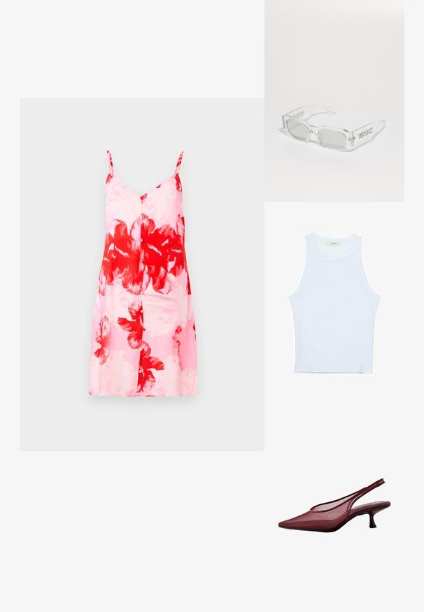 Květinové šaty s růžovým základem a velkými červenými a bílými květinovými vzory, s nastavitelnými tenkými ramínky a přímým siluetou.; Bílý top bez rukávů, žebrovaná textura, kulatý výstřih, obtáhnutý střih, decentní značka na štítku uvnitř oblasti límce.; Burgundské lodičky na podpatku s špičatou špičkou a síťovaným svrškem. Mají štíhlý podpatek a vyřezávaný design, což vytváří elegantní siluetu.; Průhledné plastové sluneční brýle se šedými skly, obdélníkový tvar, vyražené logo "Versace" na spáncích, ukazující moderní design.