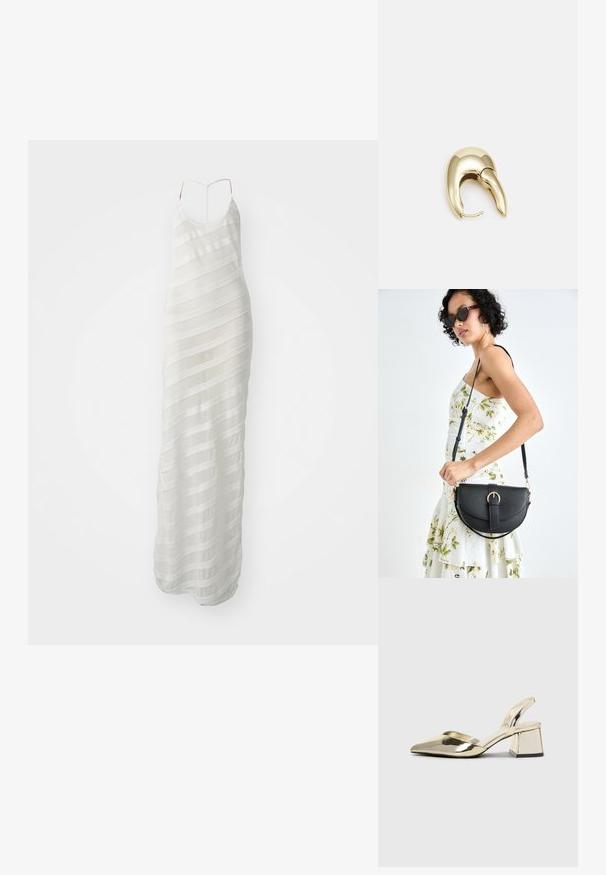 Balta maksi suknelė su plonais dirželiais, turinti permatomą audinį su horizontaliomis juostelėmis ir prigludusia siluetu.; Auksiniai, metaliniai slingback aukštakulniai bateliai su smailiu pirštu ir masyviu kulnu. Lygus paviršius, minimalizmo dizainas ir siaura juostelė.; Juodas odinis krepšys su išlenkta forma, nuimamu dirželiu ir auksiniais detalėmis. Krepšys turi kilpą su sagtimi.; Aukso tono metalinės auskarai su stilingu, kreiviu dizainu. Išsiskiria ryškiu smailiu pavidalu, poliruota paviršiumi ir užsegimu su vyriu.