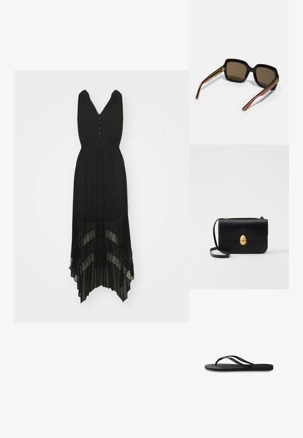 Černé plisované šaty s výstřihem do V, bez rukávů a s detailem knoflíků. Obsahují vrstvený, průhledný lem s plynulou texturou.; Černé žabky s texturovanou gumovou podrážkou, dvěma štíhlými popruhy a jemným, embosovaným logem na popruhu.; Černé oversized sluneční brýle s hnědými skly. Mají unikátní pruhované stranice v zelené a červené barvě a zlaté kovové akcenty. Čtvercový tvar.; Černá kožená kabelka se strukturovaným obdélníkovým tvarem. Obsahuje zlatou oválnou sponu a tenký ramenní popruh. Hladký povrch.