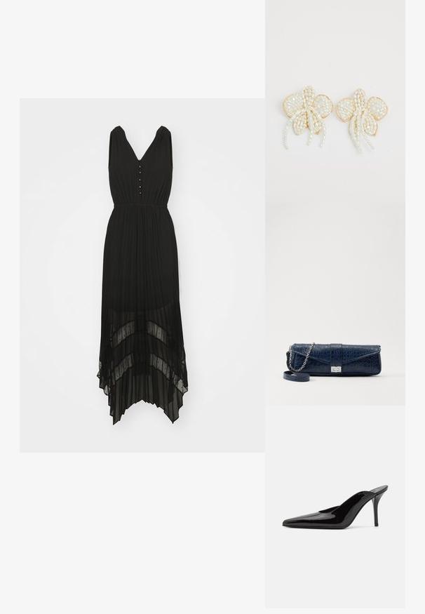 Rochie neagră plisată cu decolteu în V, fără mâneci, și detalii cu nasturi. Prezintă un tiv stratificat, transparent, cu o textură fluentă.; Mule-uri cu toc înalt din piele lacuită neagră, cu vârful ascuțit și o siluetă elegantă, având un spate deschis și un toc subțire stilletto.; Plică din piele de culoare bleumarin, cu textură de crocodil, curea din lanț argintie și clapetă metalică. Formă rectangulară cu design pliabil.; Cercei cu flori din perlă, accentuați cu aur. Fiecare petală are mici perle rotunde dispuse într-un design floral, cu detalii de perle care se încadrează în formă de traiectorii.