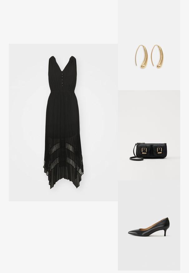 Schwarzes, plissiertes Kleid mit V-Ausschnitt, ärmellosem Design und Knopfdetails. Es verfügt über einen geschichteten, transparenten Saum mit fließender Textur.; Schwarzer Lederpumps mit spitzem Zehenbereich, niedrigem Absatz und glatter Textur. Verfügt über eine leichte Öffnung an der Vorderseite und minimale Beschläge an der Rückseite.; Schwarze Leder-Umhängetasche mit zwei vorderen Taschen, goldenen Schnallen, Reißverschluss und einem schmalen Tragegurt. Texturierte Oberfläche und kompakte rechteckige Form.; Goldfarbene Metall-Hoops mit einer geschwungenen, länglichen Form. Sie verfügen über eine glatte, glänzende Oberfläche und eine abgerundete Spitze für zusätzliche Details.