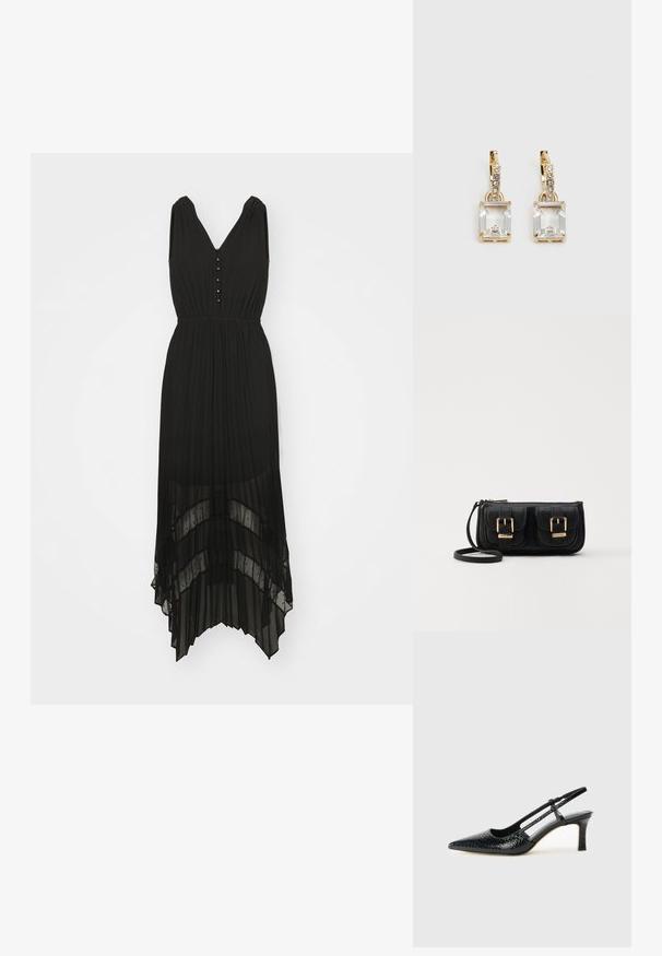 Svart plisserad klänning med V-ringning, ärmlös design och knapprader. Har en lager-på-lager, genomskinlig fåll med en flödande textur.; Svart lackskin slingback-häl med spetsig tå, med texturerad ormskinnsprint, justerbar rem och en kort, texturerad blockklack.; Svart läderaxelväska med två framfickor, guldspännen, dragkedjestängning och en smal rem. Texturerad yta och kompakt rektangulär form.; Guldtonade örhängen med en rektangulär, klar kristall som hänger under en rad av små, runda klara accenter. Snygg, modern design.