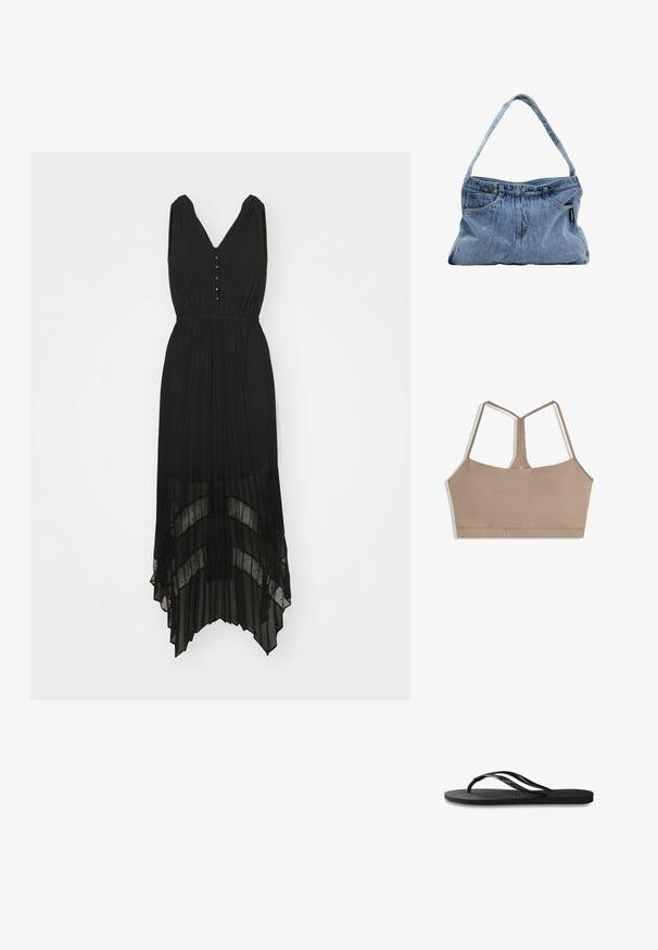 Czarna rozkloszowana sukienka z dekoltem w kształcie V, bez rękawów, z detalami w postaci guzików. Posiada warstwowy, przezroczysty dół o zwiewnej strukturze.; Biustonosz w stonowanym brązowym kolorze o gładkiej fakturze, z regulowanymi ramiączkami spaghetti i kwadratowym dekoltem, bez widocznych zapięć.; Czarne klapki z teksturowaną gumową podeszwą, dwiema smukłymi paskami oraz subtelnym, wytłoczonym logo na pasku.; Denimowa torba na ramię z zakrzywionym paskiem, dwoma przednimi kieszeniami i zapięciem na guziki, wykonana z jasnoniebieskiego materiału z kontrastującymi detalami szycia.