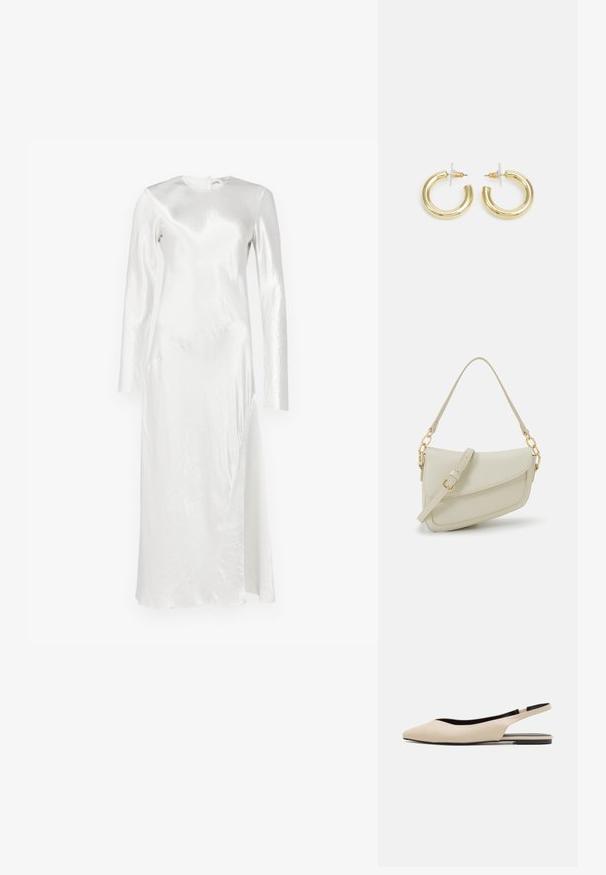 Max Mara Leisure ELOGIO - Proginė apranga - bianco; Šviesiai rudos odinės slingback balerinų bateliai su smailiu priekyje, minimalizmo dizainas, lygus paviršius ir žemas juodas padas.; Mažas kreminis rankinukas su tekstūruotu paviršiumi, ilga reguliuojama juostele, grandinėle ir užsegimu su atvartu. Aukso detalės.; Aukso auskarai su lygiu, blizgiu paviršiumi. Apvalus dizainas su maža užrakto dalimi ir skaidria atrama saugiam nešiojimui.