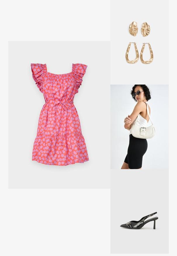 Ružové kvety na šatách s volánovými rukávmi, elastickým pásom, rozšírenou sukňou a detailom viazania v páse. Obsahuje vzor sedmokrások.; Čierne lakované kožené slingback topánky s špicatou špičkou, remienkami okolo členku s striebornými prackami a hardvérom, a štíhlým podpätkom.; Biely kožený kabelka s zakriveným tvarom, nastaviteľným popruhom a malým detailom pracky. Model nosí priliehavý čierny outfit.; Náušnice v zlatej farbe s textúrovanými, vlnitými tvarmi. Obsahujú sochárske klipsové náušnice a otvorený tvar krúžku s kladivkovým povrchom.