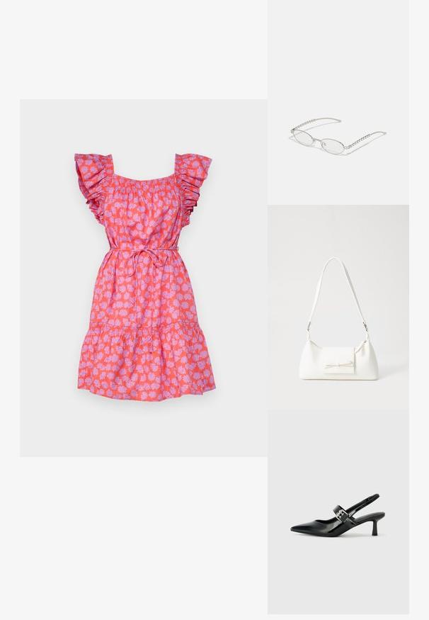 Roosa lilleline kleit voolavate varrukatega, elastse vöökoha, laieneva seeliku ja vööl sidumisega detailiga. Omab karikakarde mustrit.; Mustad patenteeritud nahast sildiga kontsad, millel on terav nina ja väike plokk-konts, mille rihmal on hõbedane pandla aksessuaar.; Ovaalsed prillid metallisel hõbedasel raamile, selged läätsed ja tekstuuriga helmedega tempelaktsentidega. Kerge konstruktsioon kaarjate kätega.; Valge sünteetilisest materjalist kott kolmnurkse kujuga, lame esiklapiga ja kaaredetailiga, reguleeritava rihmaga, sileda tekstuuriga ja minimalistliku disainiga.