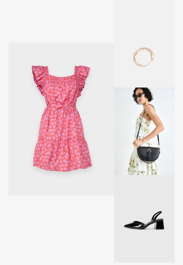 Rožnata cvetna obleka z nabrano obleko, elastičnim pasom, razširjenim krilom in zavezo na pasu. Vsebuje motiv marjetic.; Črne lakirane slingback pete s koničastim nosom in geometrijsko blokasto peto. Imajo eleganten, minimalističen dizajn in gladko teksturo.; Črna usnjena torbica s ukrivljeno obliko, z odstranljivo naramnico in zlatimi dodatki. Torbica ima pokrov s podrobnostmi v obliki zaponke.; Zlati prstan s organskim, zvitim dizajnom, gladko površino in taperiranimi konci, ki ustvarja modernega, skulpturalnega videza.