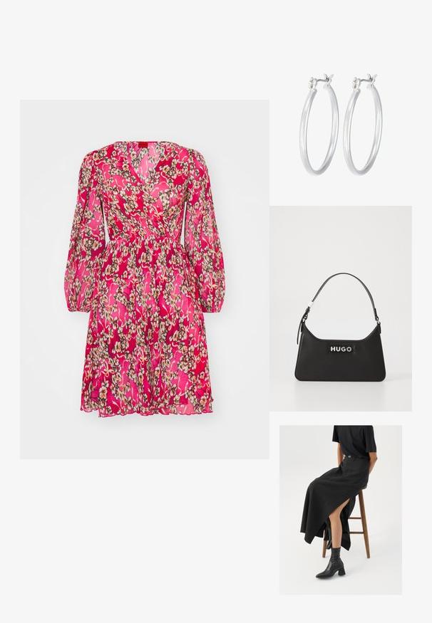 Külluslik roosa lilleline kleit, millel on pikad puffvarrukad, tekstiil lihtsalt kangast ja vöökoht on rõhutatud, kaunistatud väikeste beežide ja kreemjate lilledega.; Must mustriga mustri, kõrge lõhiku ja musta T-särgiga, koos mustade ankle kingadega. Minimalistlik disain, lõtv istuvus.; Must häd black leather, millel on kõver kuju, hõbedased detailid ja silmapaistev "HUGO" logo ees. Sile tekstuur ja struktureeritud kuju.; Hõbedased rõngaskõrvarõngad, millel on sile, läikiv viimistlus. Ümmargune kuju ja turvaline klõpsulatus. Kerge disain, sobib igapäevaseks kandmiseks.