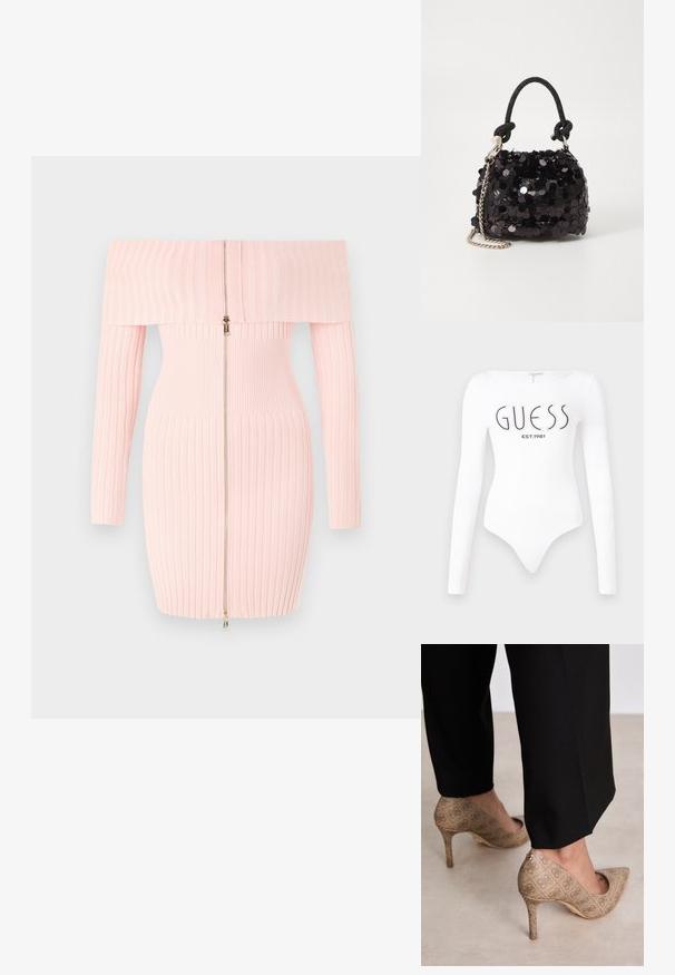 Off-shoulder rosa ribbet kjole med lange ermer, som har glidelås foran og en tettsittende design som fremhever vertikal stripete tekstur.; Hvit langermet bodysuit med rund halslinning. Har "GUESS"-logo og "EST.1981" trykt i svart på forsiden. Glatt tekstur.; Beige høyhælte sko med teksturert stoff som har et gjentatt mønster. Spiss tådesign med bakdetalj og gullhelsjekk.; Svart paljettmini-veske med en knyttet teksturert stropp og sølvkjede. Rund form med samlet topp og reflekterende detaljer.