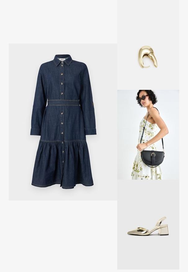 Denimkleit, millel on kaelusega dekoltee, täisnuppude esiosa, pikkade varrukatega ja kihiline seelik. Tumedas sinises värvitoonis, kullatooniliste nuppude ja õmblustega.; Kuldne, metallilised slingback-kudumid terava varba ja paksu kontsaga. Sile tekstuur, minimalistlik disain ja kitsas rihm.; Mustmust mustraha kõverate joontega, eemaldatava rihmaga ja kuldsete detailidega. Kotil on klapp, millel on pandladetail.; Kuldtooni metallist kõrvarõngas, millel on elegantne ja kaarjas disain. Omab silmapaistvat teravat kuju, poleeritud pinda ja hingesulgemist.