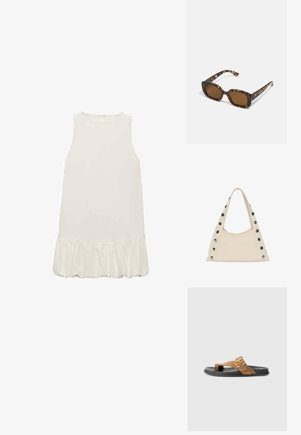 Valkoinen olkaimeton mekko, jossa on röyhelöhelma. Sileä, kevytrakenteinen kangas; yksinkertainen muotoilu pyöreällä kaula-aukolla ja ilman näkyviä sulkimia.; Ruske suede sandaalit, joissa on kultainen solki, littealla mustalla kumipohjalla ja varvasvälillä. Sileä rakenne, minimalistinen tyyli.; Kaurisilmät, joissa on pyöreä, jämäkkä kehys ja ruskeat linssit. Ominaisuuksiin kuuluvat hillityt kuviot sekä suorat, kapenevat sangan osat.; PULL&BEAR SHOULDER  - Shopping bag - beige